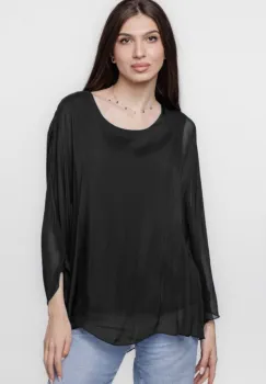Bluza din matase naturala cu maneca evazata si dublura, neagra imagine