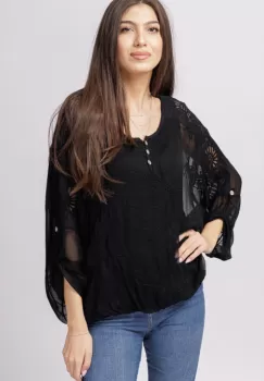 Bluza din matase naturala neagra brodata si dantela pe spate imagine