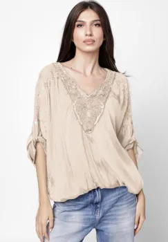 Bluza din matase naturala platca brodata, cu paiete fine si cu dantela pe spate, bej imagine