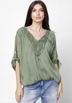 Bluza din matase naturala platca brodata, cu paiete fine si cu dantela pe spate, kaki imagine