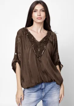 Bluza din matase naturala platca brodata, cu paiete fine si cu dantela pe spate, maro imagine