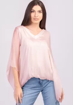 Bluza din matase naturala roz pal, cu decolteu in V in fata si pe spate imagine