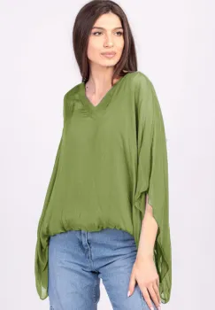 Bluza din matase naturala verde oliv, cu decolteu in V in fata si pe spate imagine