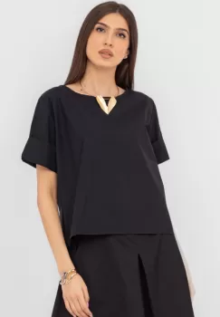 Bluza din poplin satinat de bumbac cu nasturi pe spate, neagra imagine