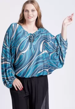 Bluza din satin imprimat predominant turcoaz, cu maneci ample imagine