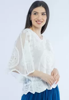Bluza din tulle de bumbac cu broderie mandala, alba imagine