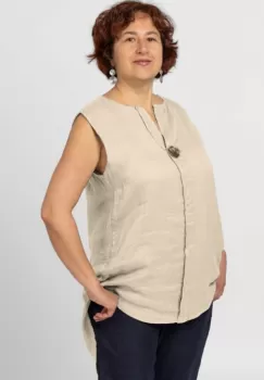 Bluza fara maneci din in cu nasture metalic decorativ, bej imagine