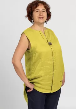 Bluza fara maneci din in cu nasture metalic decorativ, galben mustar imagine