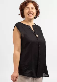 Bluza fara maneci din in cu nasture metalic decorativ, neagra imagine
