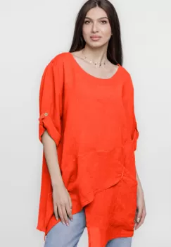 Bluza lunga tunica, in colturi, din in, portocalie imagine