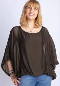 Bluza maron din matase naturala cu maneca fluture imagine