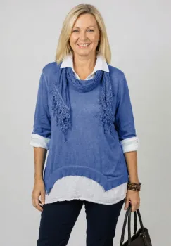 Bluza si camasa trei in unu, cu tricot fin, camasa din bumbac si esarfa cu franjuri dantelati, albstra imagine