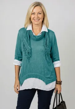 Bluza si camasa trei in unu, cu tricot fin, camasa din bumbac si esarfa cu franjuri dantelati, turcoaz inchis imagine