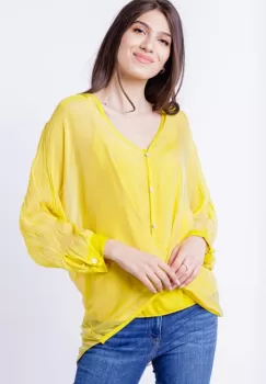 Bluza tip camasa, cu fald, din matase naturala galbena, cu dublura imagine