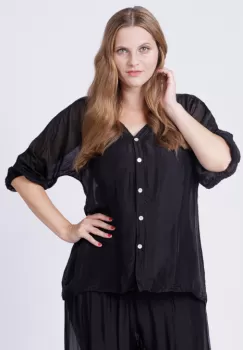 Bluza tip camasa din matase naturala neagra, cu elastic la maneci si dublura imagine