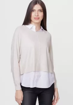 Bluza tip camasa doi in unu, cu angora si tricotajul bej imagine