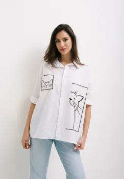Camasa alba din bumbac oversized cu imprimeu pisica imagine