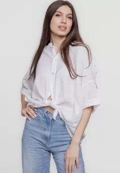 Camasa alba, din in, cu guler tunica si nod in fata imagine