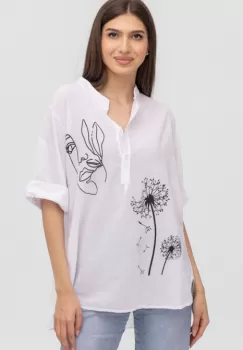 Camasa alba subtire, de vara, din batist de bumbac, cu imprimeu chip si papadii imagine