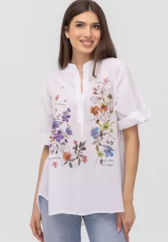 Camasa alba subtire, de vara, din batist de bumbac, cu imprimeu floral si mesaj imagine