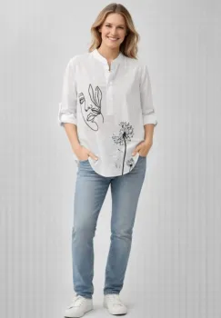 Camasa alba subtire, de vara, din batist de bumbac, cu imprimeu grafic chip imagine