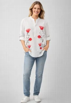 Camasa alba subtire, de vara, din batist de bumbac, cu imprimeu maci stilizati imagine