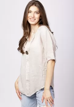 Camasa bej din in cu nasture metalic decorativ imagine