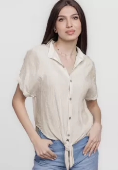Camasa bej din vascoza creponata, cu guler tunica si nod in fata imagine