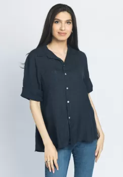 Camasa clasica din in cu buzunar pe piept si maneca 3 4, bleumarin imagine