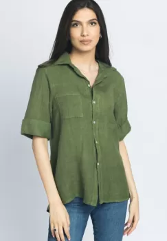 Camasa clasica din in cu buzunar pe piept si maneca 3 4, kaki imagine