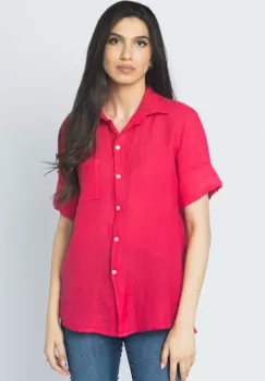 Camasa clasica din in cu buzunar pe piept si maneca 3 4, roz intens imagine