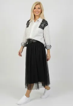 Camasa dama alb-negru cu dungi si imprimeu decorativ imagine