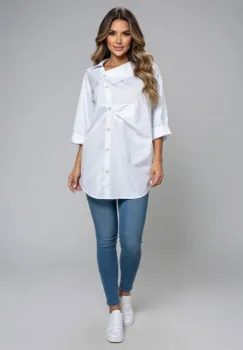 Camasa dama lejera din bumbac cu guler asimetric, alba imagine