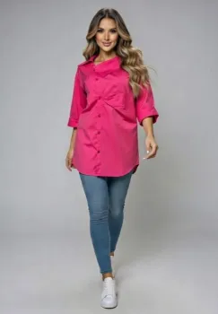 Camasa dama lejera din bumbac cu guler asimetric, fucsia imagine