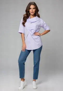 Camasa dama lejera din bumbac cu guler asimetric, lila imagine