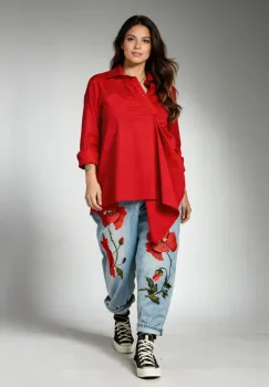 Camasa dama rosie asimetrica cu drapaj elegant si croi lejer premium imagine