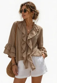 Camasa din bumbac cu volane decorative la maneci si decolteu, camel imagine