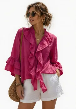 Camasa din bumbac cu volane decorative la maneci si decolteu, fucsia imagine