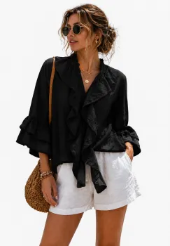 Camasa din bumbac cu volane decorative la maneci si decolteu, neagra imagine