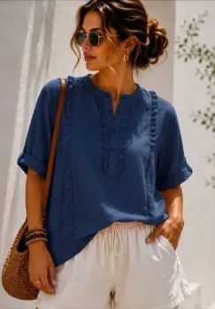Camasa din bumbac cu volane decorative si nasturi, bleumarin imagine