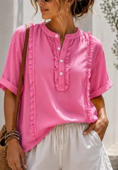 Camasa din bumbac cu volane decorative si nasturi, fucsia imagine