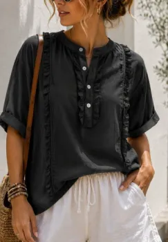 Camasa din bumbac cu volane decorative si nasturi, neagra imagine