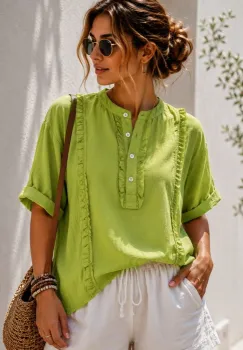 Camasa din bumbac cu volane decorative si nasturi, verde oliv imagine