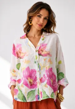 Camasa din in cu decolteu in V si imprimeu floral, alba imagine