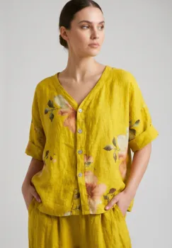 Camasa din in cu imprimeu floral si decolteu in V, galbena imagine