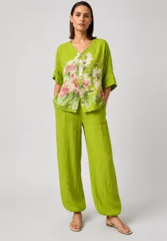 Camasa din in cu imprimeu floral si decolteu in V, verde deschis imagine