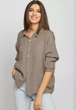 Camasa din in cu inel metalic pe spate Stella Milani, bej inchis imagine