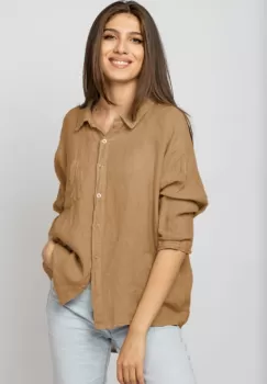 Camasa din in cu inel metalic pe spate Stella Milani, camel imagine