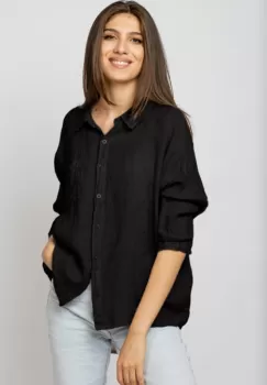 Camasa din in cu inel metalic pe spate Stella Milani, neagra imagine