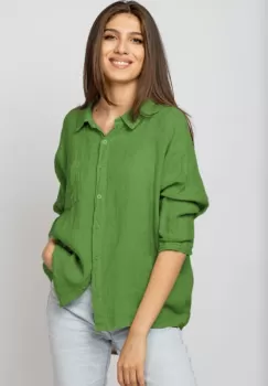 Camasa din in cu inel metalic pe spate Stella Milani, verde oliv imagine